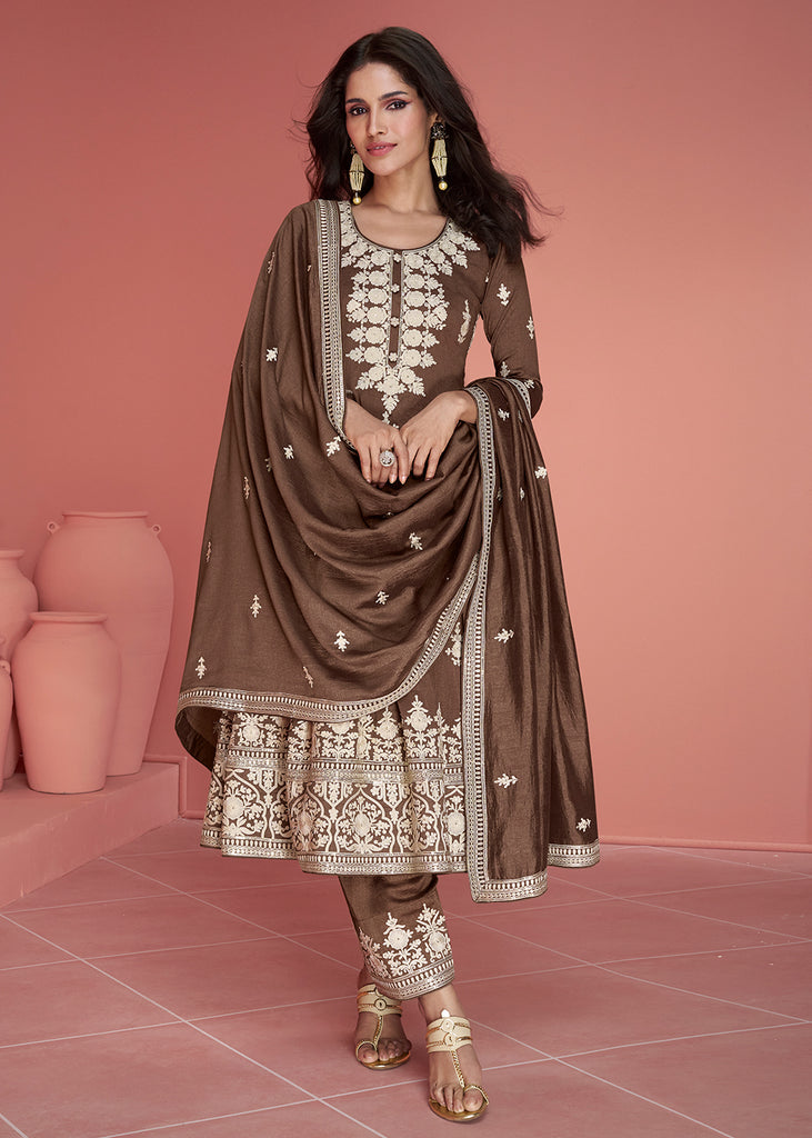 Silk Brown Embroidered Semi Stitched Ladies Salwar Suit, Straight at Rs  700/piece in Surat